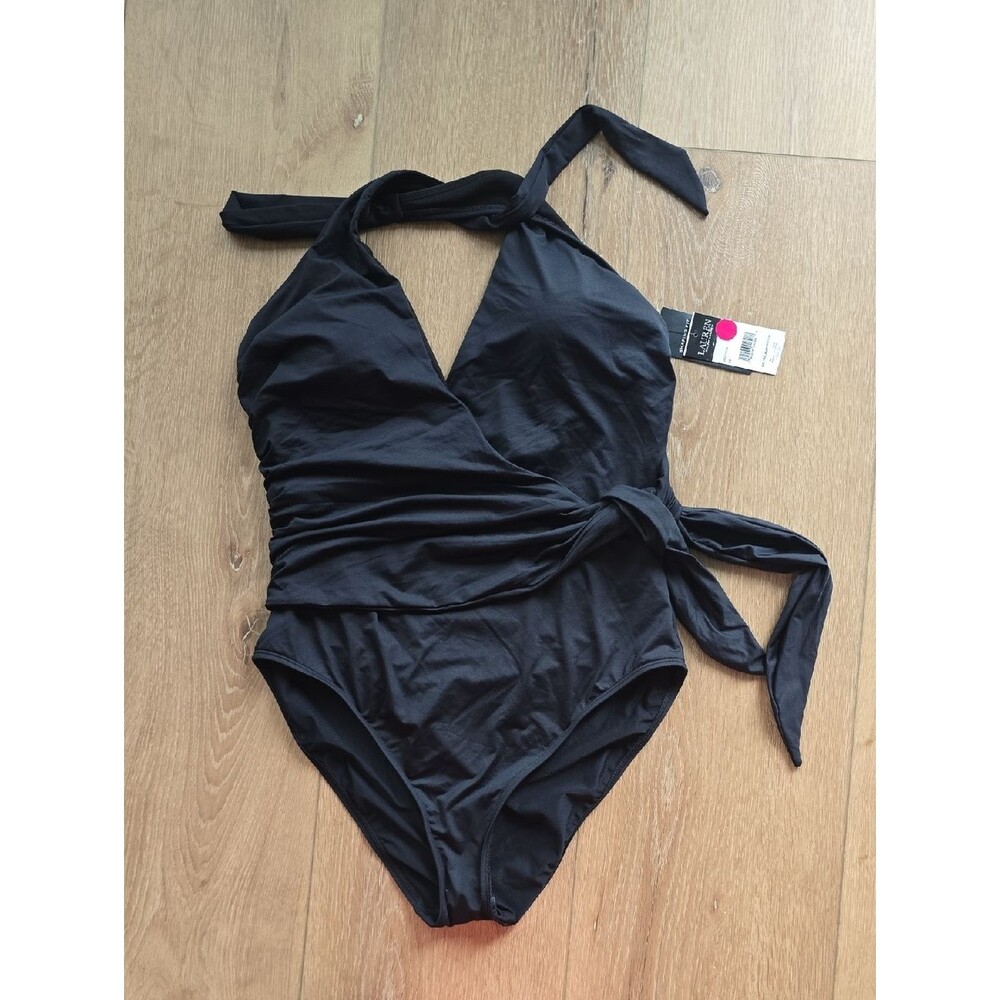 Ralph Lauren BLACK Halter Side-Tie Tummy Control One Piece Swimsuit Size 12 $144